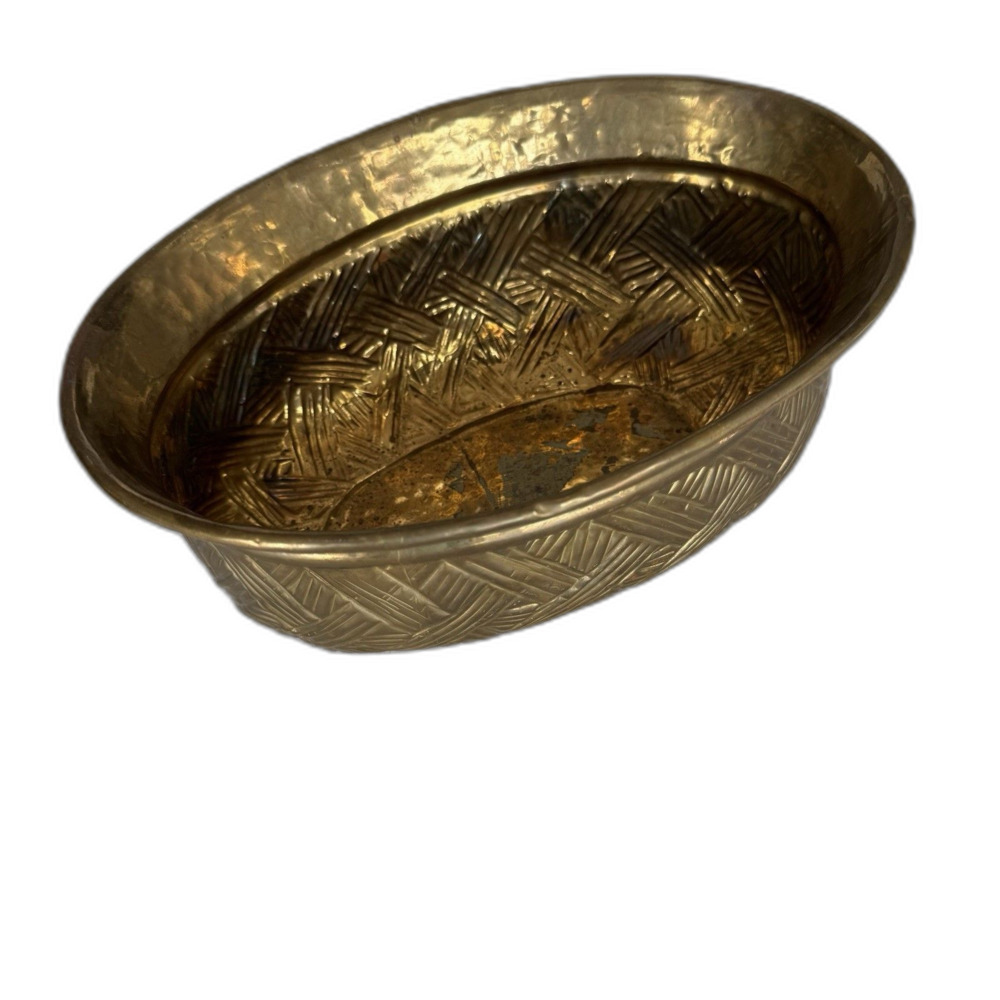 Vintage Brass Basketweave Oval Planter Bowl Hammered Jardiniere Centerpiece